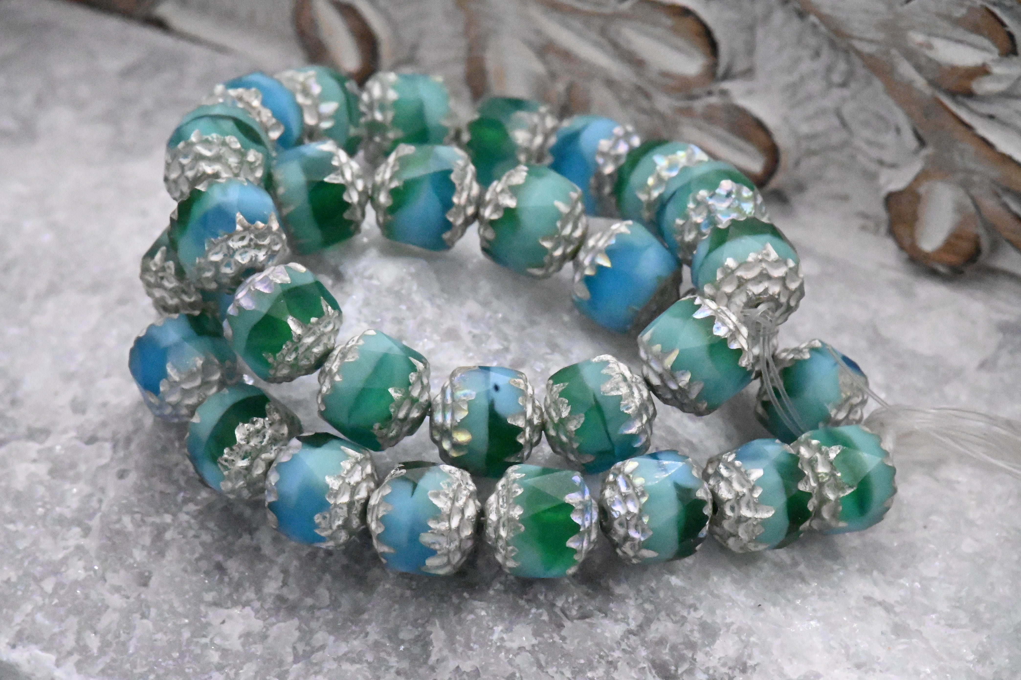 Czech Beads 8mm Cathedral Sea Green, Green and Sky Blue with Antique Silver and AB Finishes, 5pc