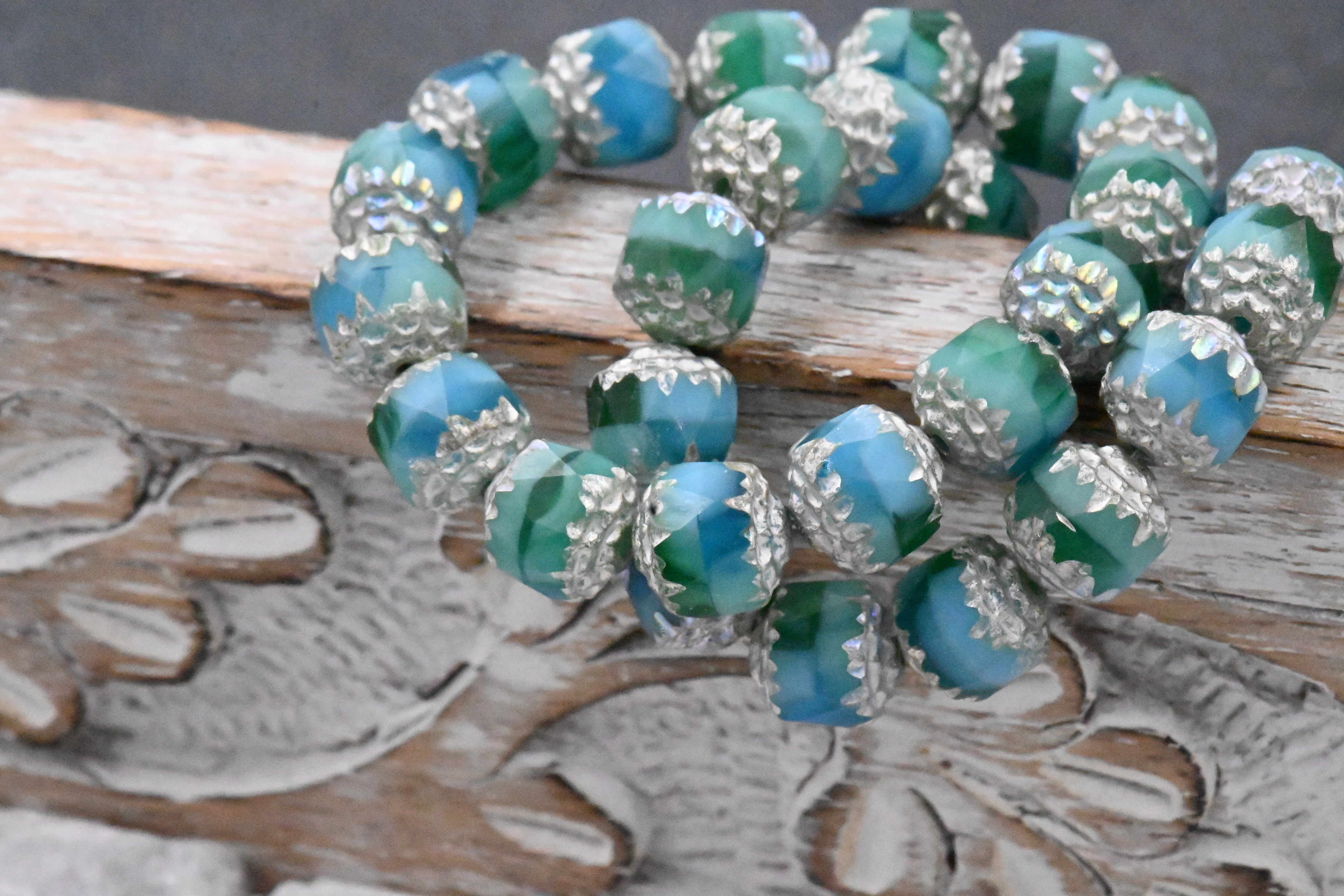 Czech Beads 8mm Cathedral Sea Green, Green and Sky Blue with Antique Silver and AB Finishes, 15pc