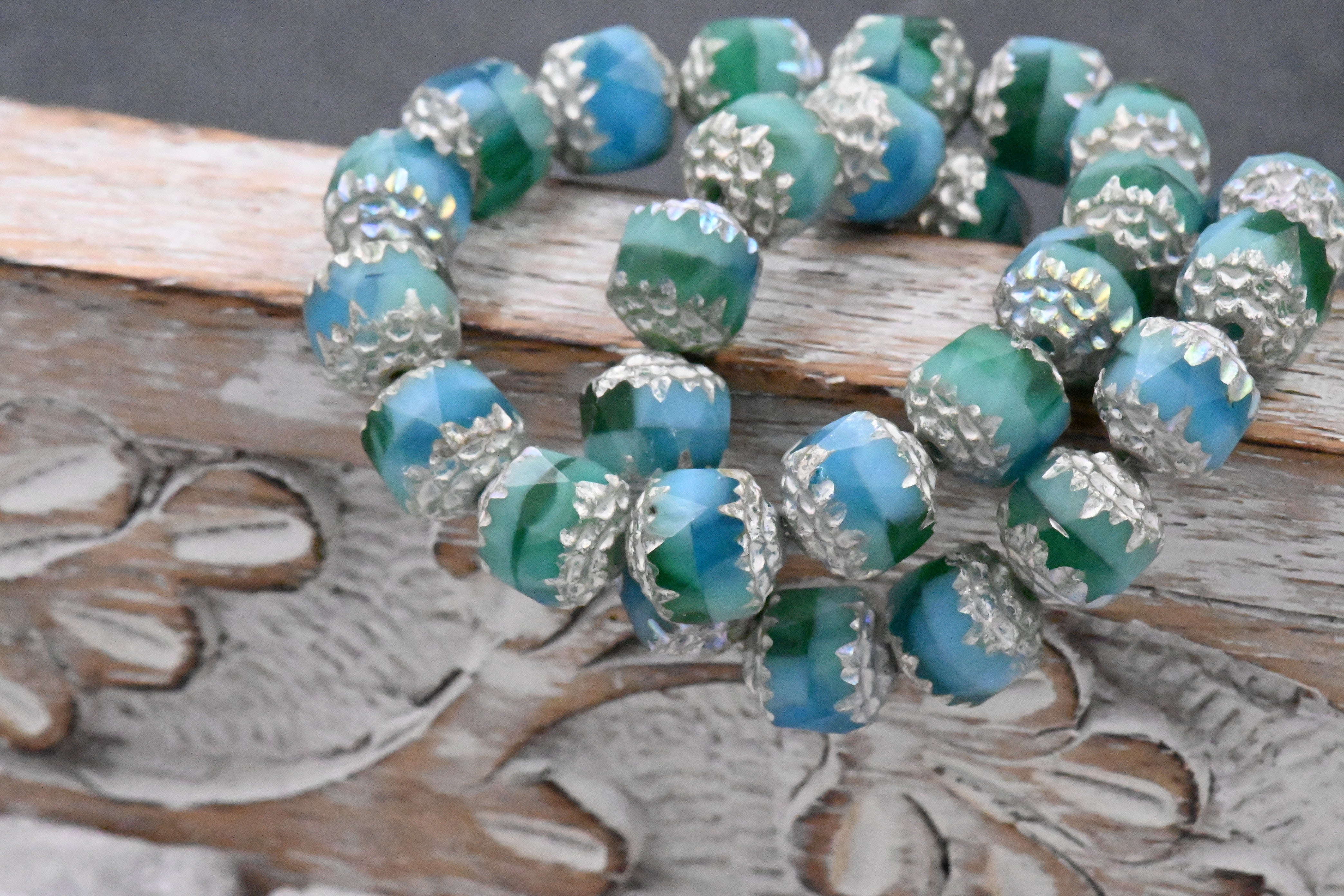 Czech Beads 8mm Cathedral Sea Green, Green and Sky Blue with Antique Silver and AB Finishes, 5pc