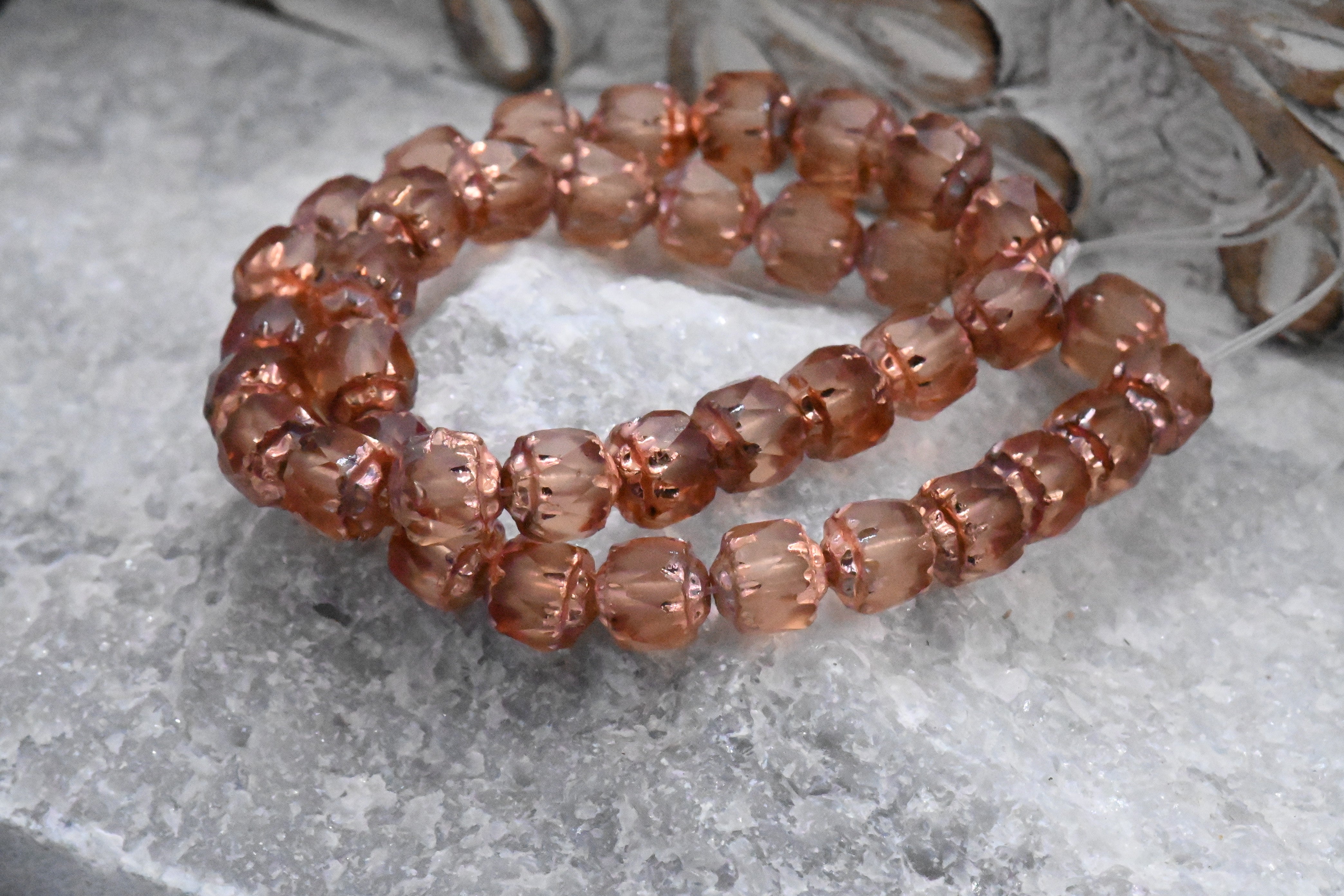 Czech Glass 6mm Cathedral Peach with a Copper Finish