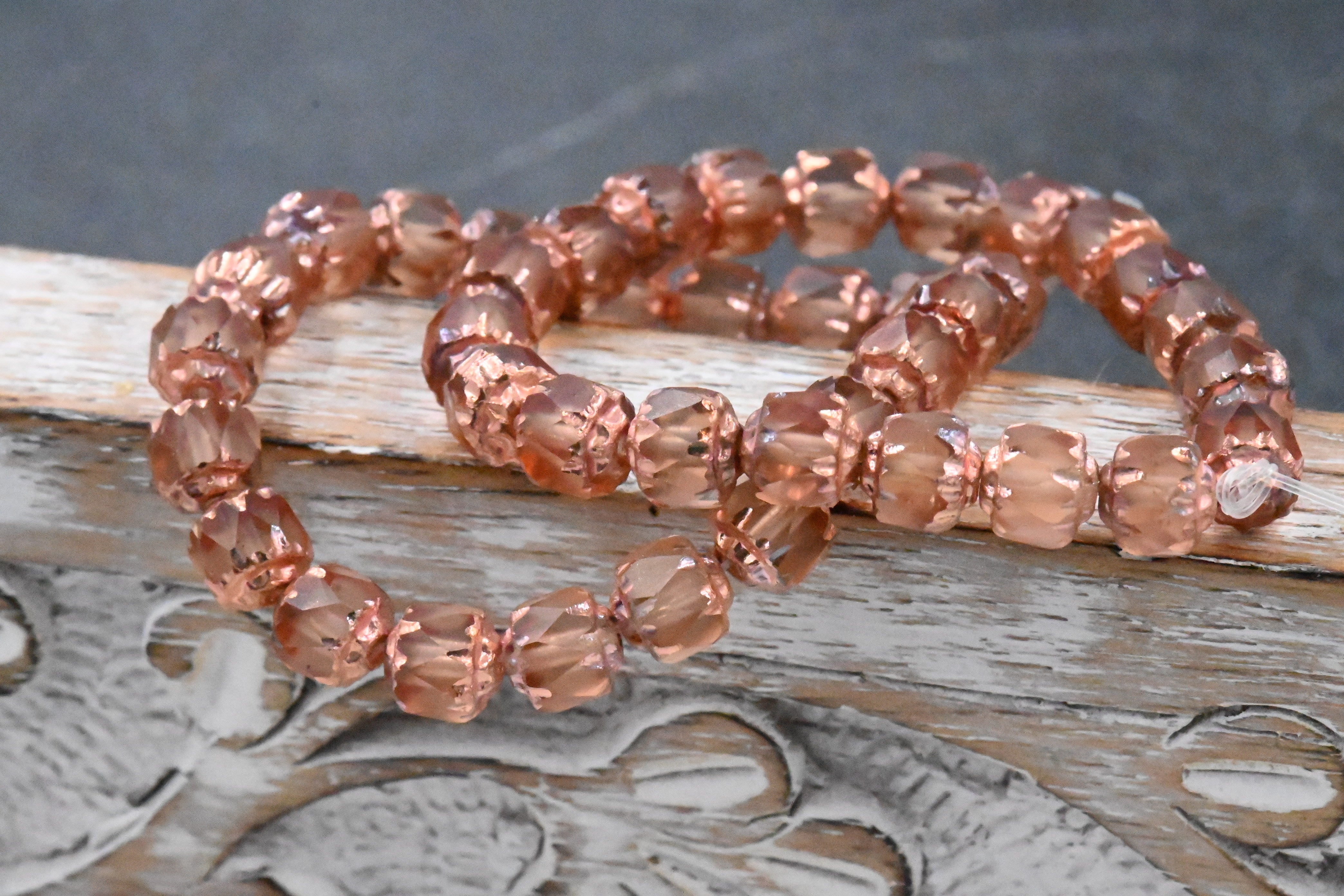 Czech Glass 6mm Cathedral Peach with a Copper Finish