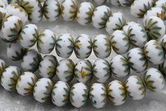 Czech Beads 7x10mm Cruller White with a Picasso and Turquoise Wash, 15pc