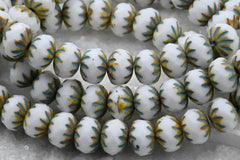 Czech Beads 7x10mm Cruller White with a Picasso and Turquoise Wash, 5pc