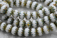 Czech Beads 7x10mm Cruller White with a Picasso and Turquoise Wash, 15pc