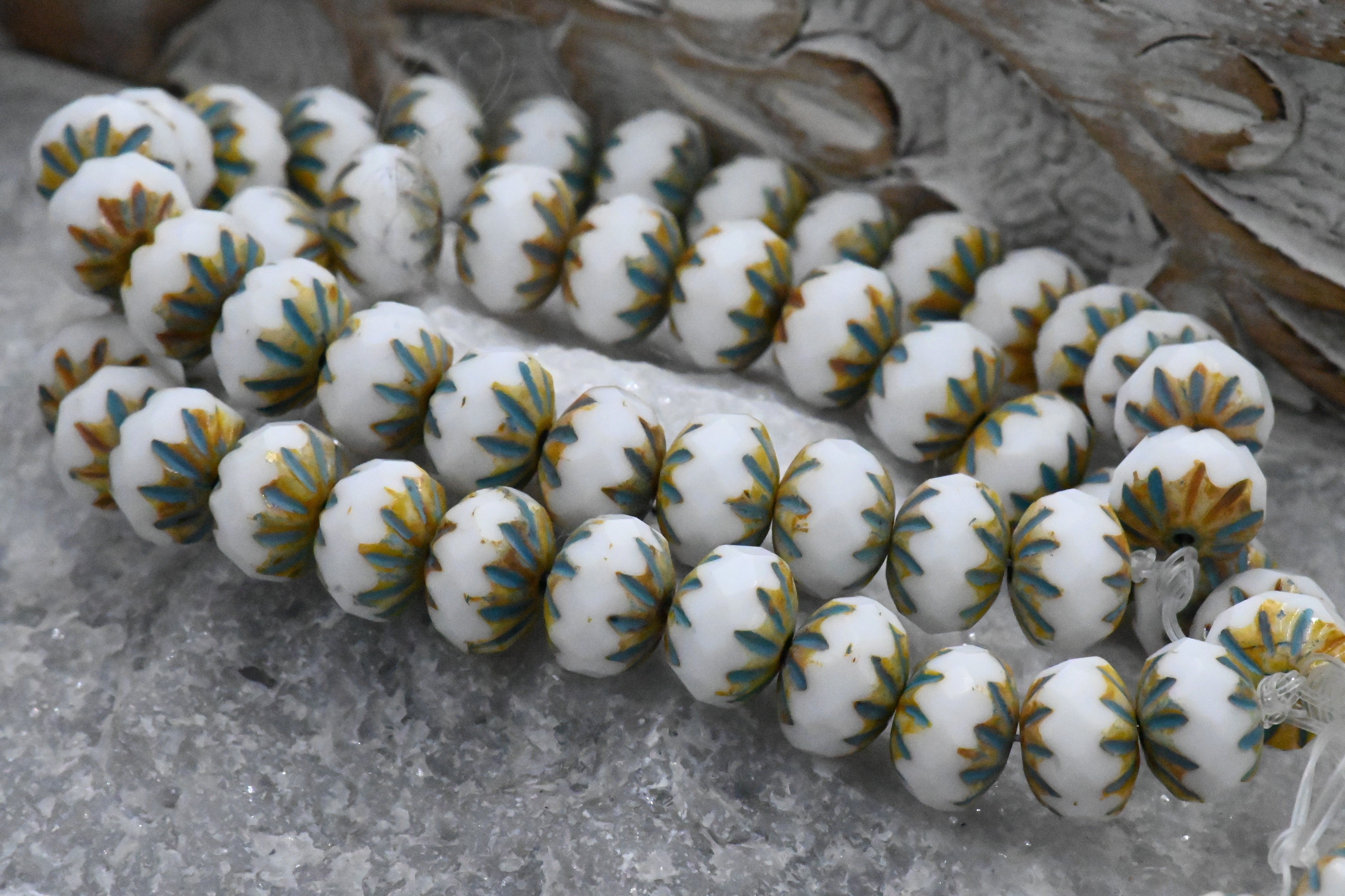 Czech Beads 7x10mm Cruller White with a Picasso and Turquoise Wash, 5pc