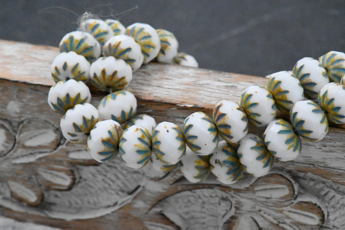 Czech Beads 7x10mm Cruller White with a Picasso and Turquoise Wash, 15pc