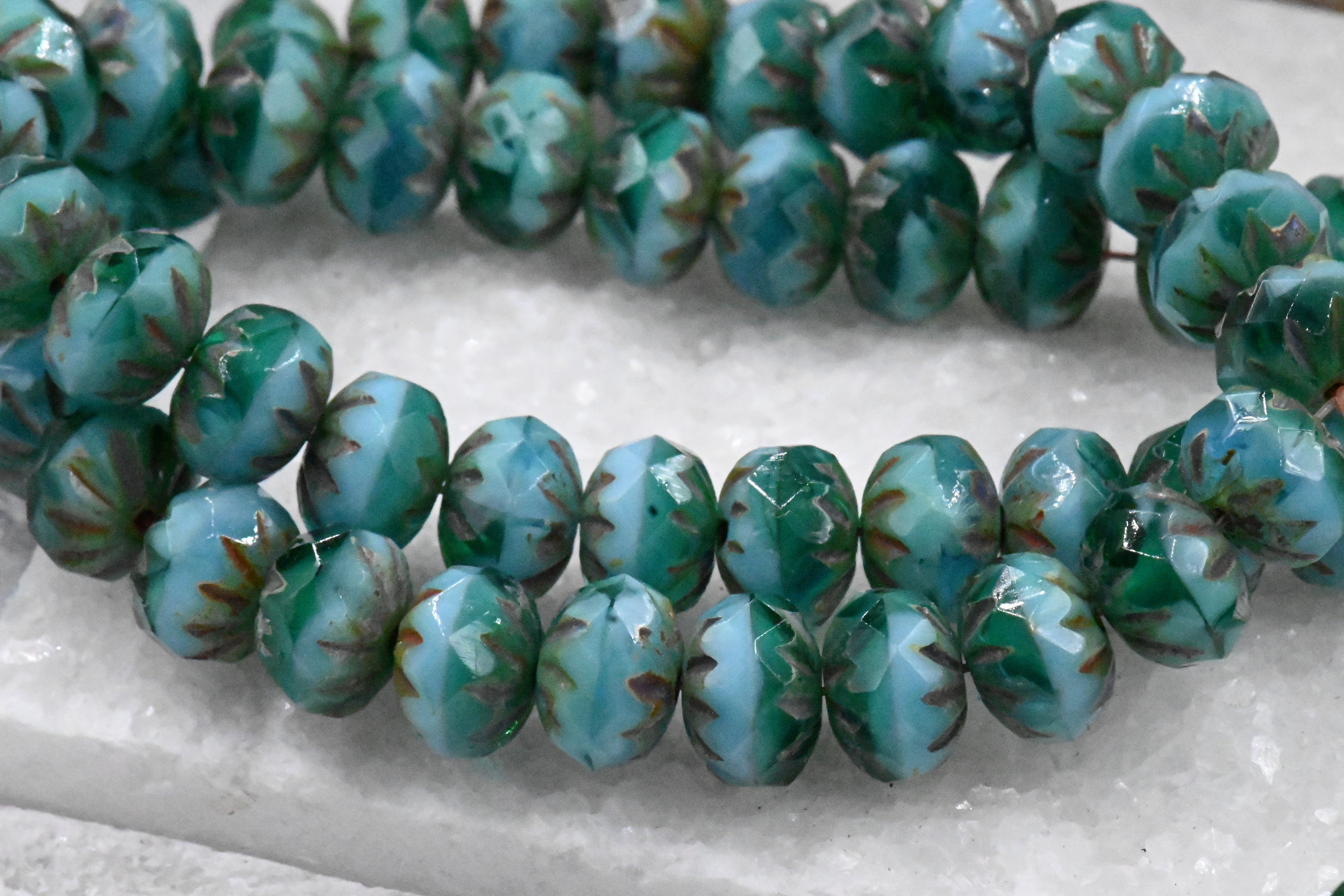 Czech Beads 6x9mm Cruller Tea Green, Malibu Blue and Emerald with a Picasso Finish, 5pc