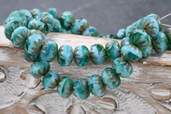 Czech Beads 6x9mm Cruller Tea Green, Malibu Blue and Emerald with a Picasso Finish, 15pc