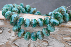 Czech Beads 6x9mm Cruller Tea Green, Malibu Blue and Emerald with a Picasso Finish, 5pc