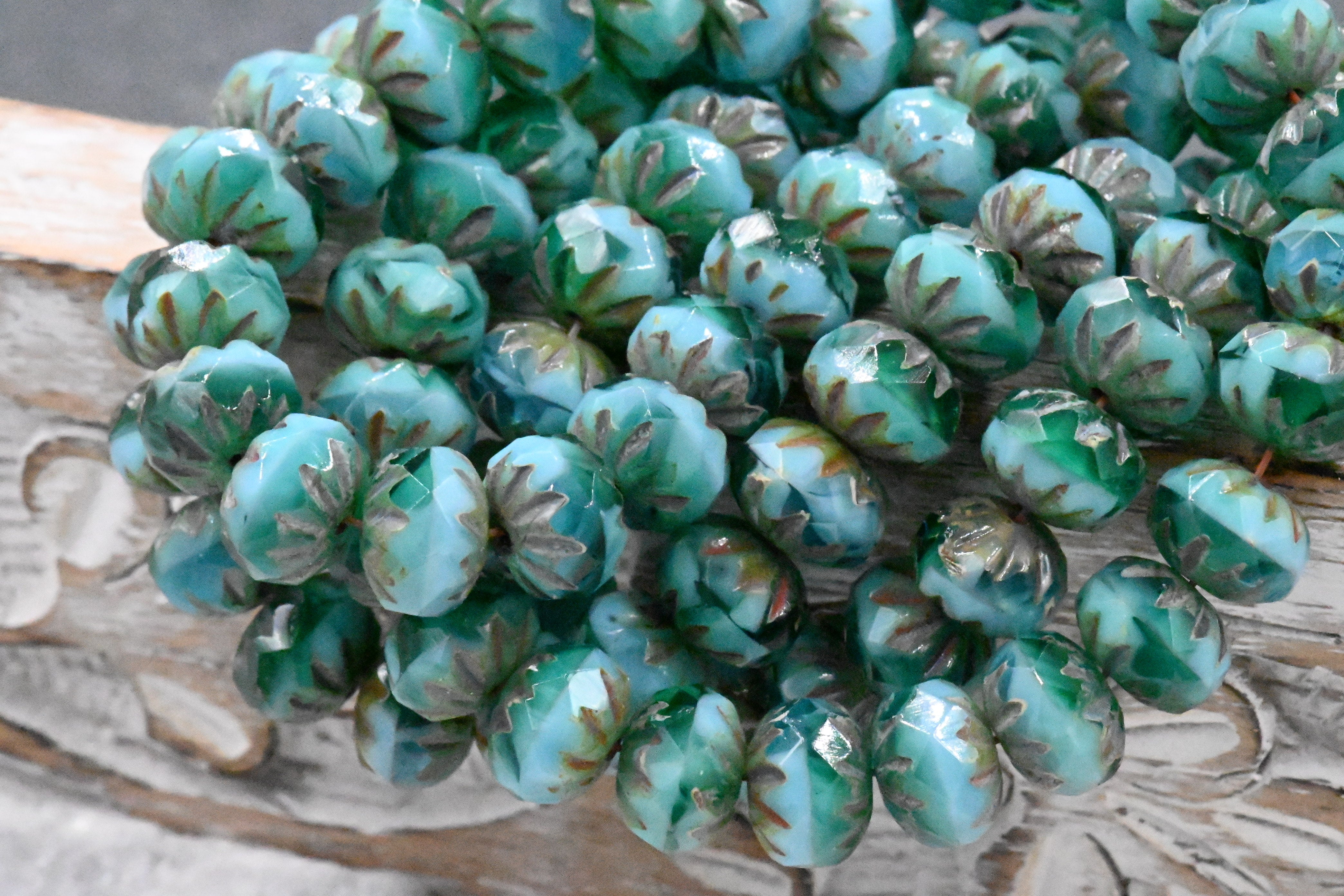 Czech Beads 6x9mm Cruller Tea Green, Malibu Blue and Emerald with a Picasso Finish, 5pc