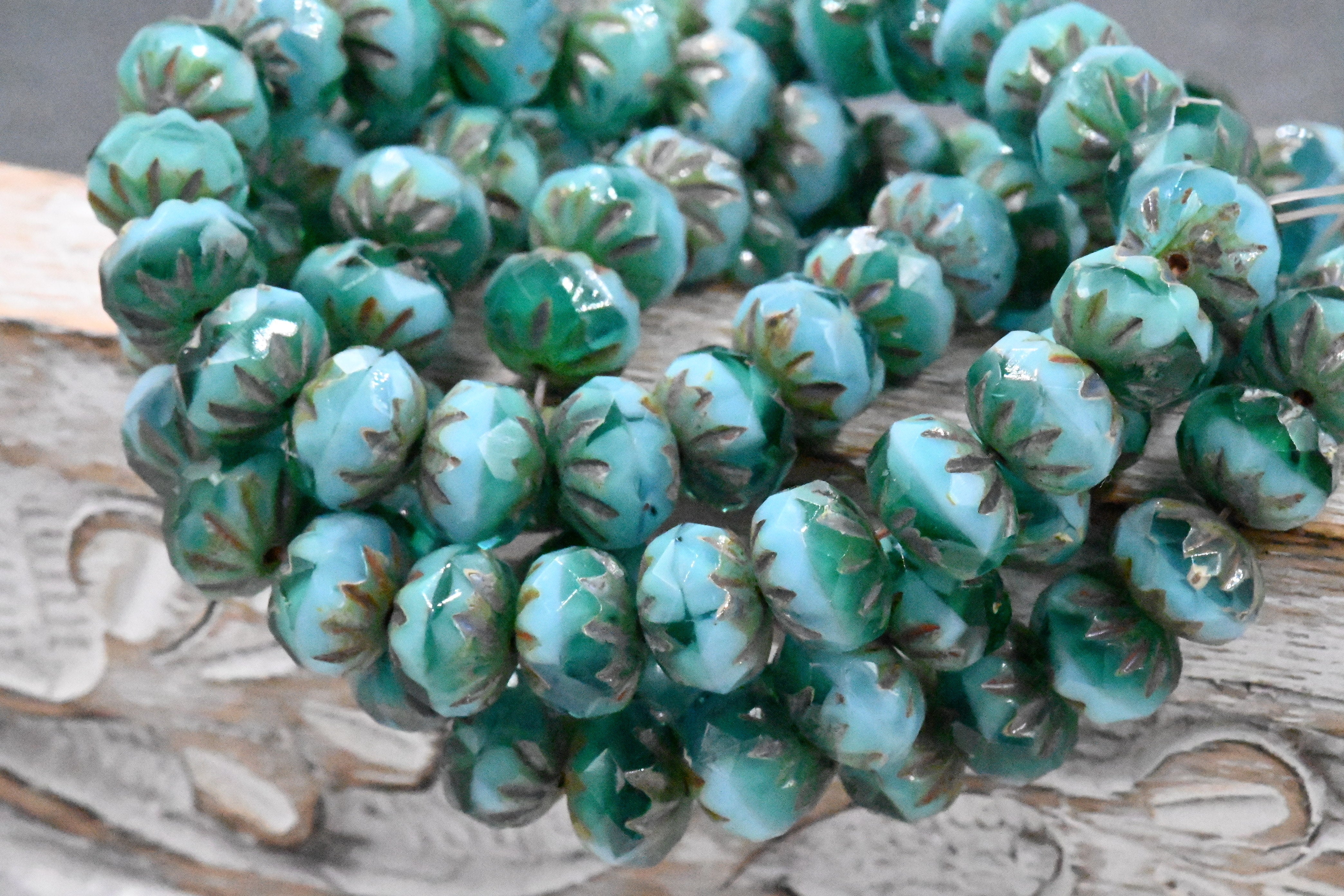 Czech Beads 6x9mm Cruller Tea Green, Malibu Blue and Emerald with a Picasso Finish, 5pc