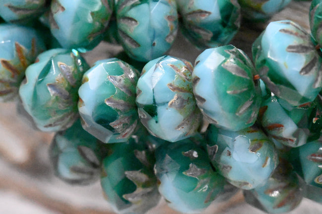 Czech Beads 6x9mm Cruller Tea Green, Malibu Blue and Emerald with a Picasso Finish, 15pc Hover Image