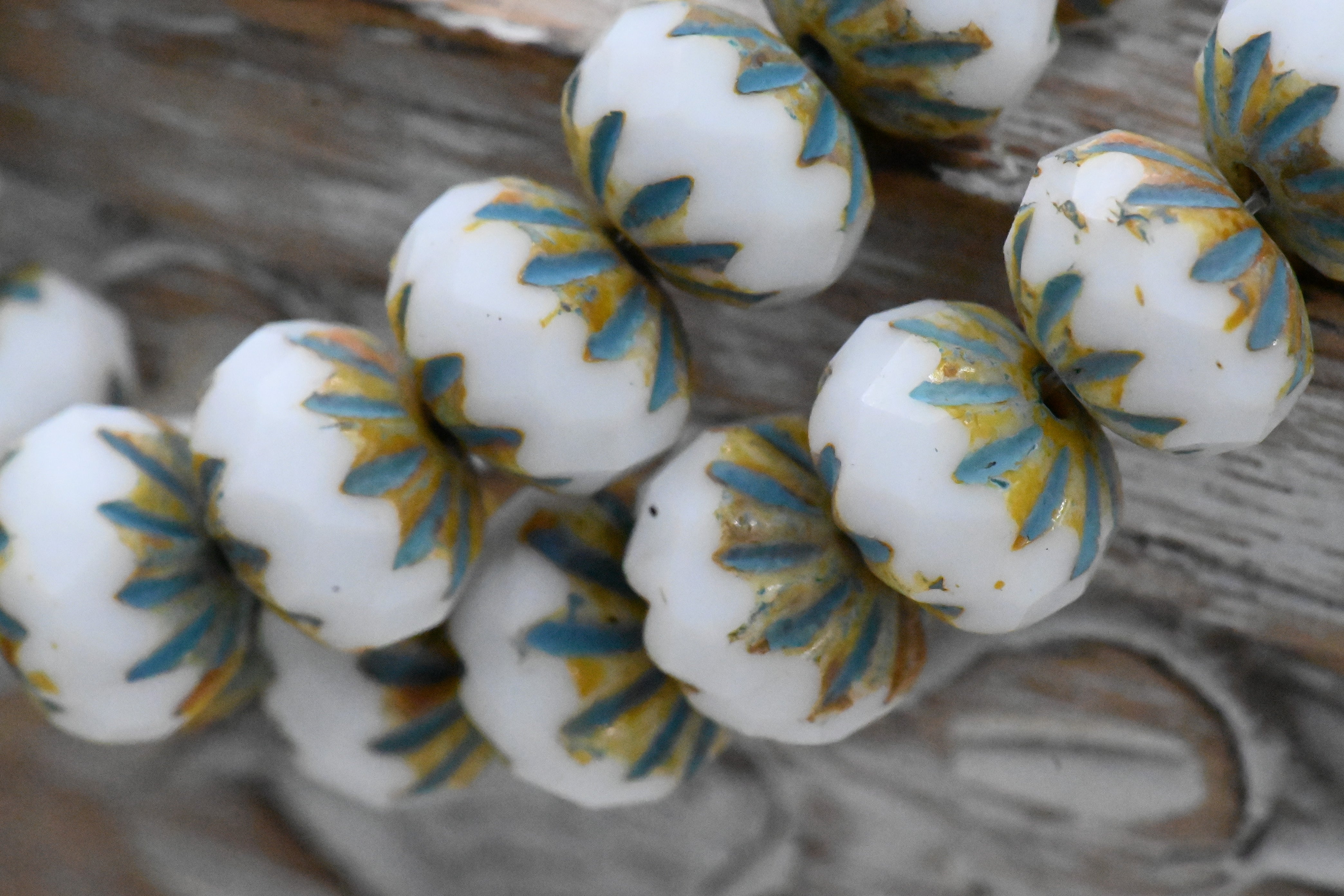 Czech Beads 7x10mm Cruller White with a Picasso and Turquoise Wash, 5pc