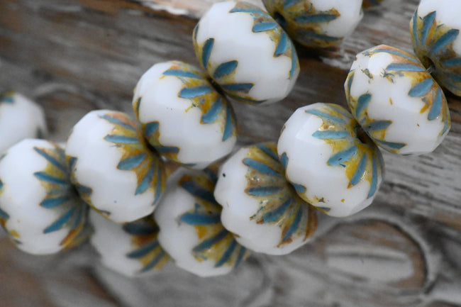 Czech Beads 7x10mm Cruller White with a Picasso and Turquoise Wash, 5pc Main Image