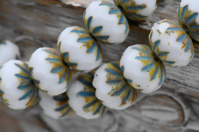 Czech Beads 7x10mm Cruller White with a Picasso and Turquoise Wash, 15pc Main Image