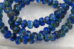 Czech Glass 3x5mm Rondelle Sapphire and Teal Blue with Picasso Finish