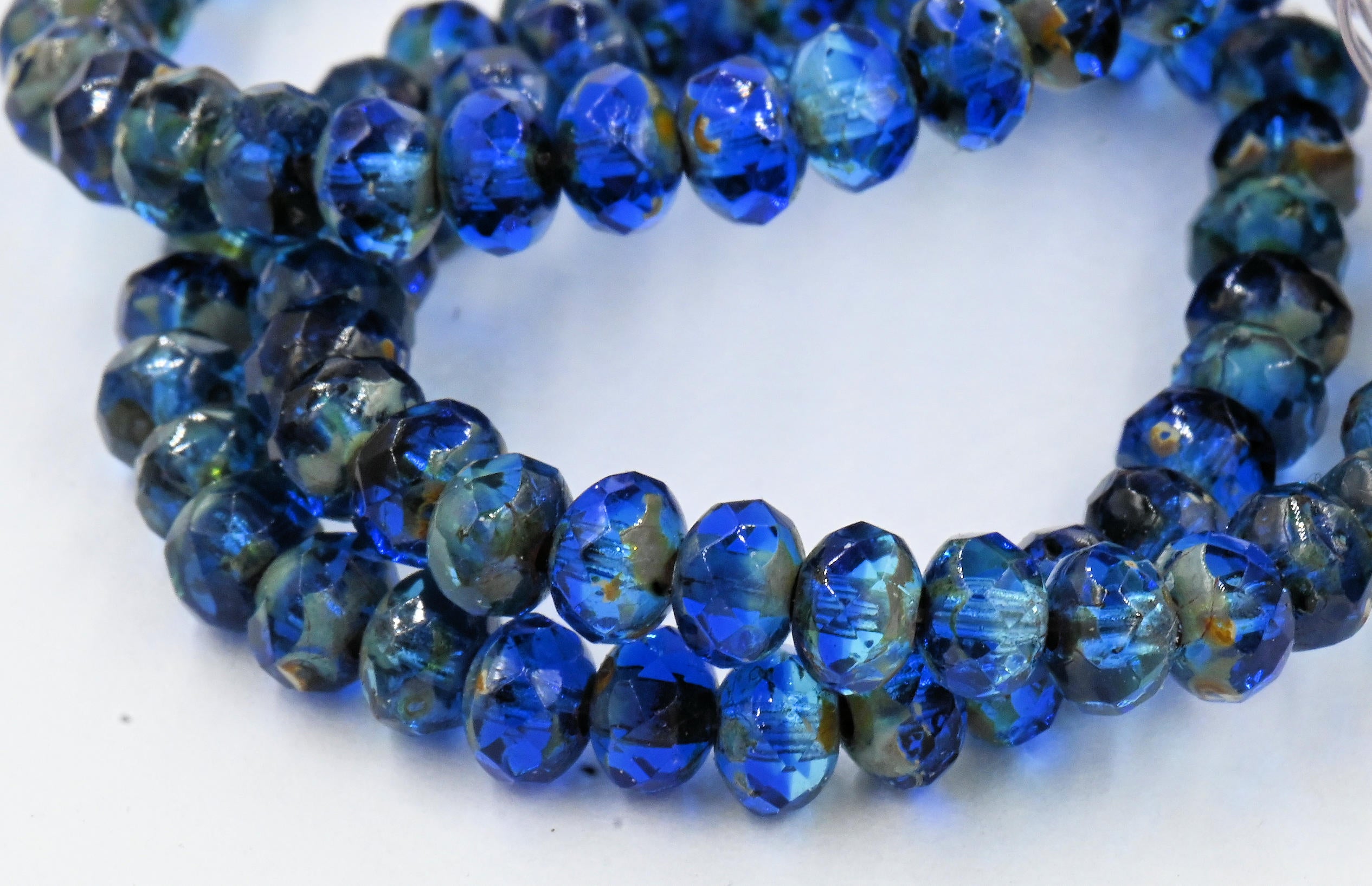 Czech Glass 3x5mm Rondelle Sapphire and Teal Blue with Picasso Finish