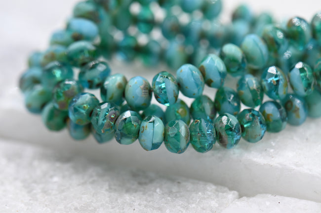 Czech Glass 3x5mm Rondelle Tea Green and Sky Blue with Picasso Finish 60pc Hover Image