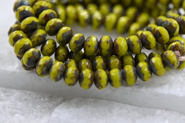 Czech Glass 3x5mm Rondelle Yellow Peridot with Picasso Finish 60pc Hover Image