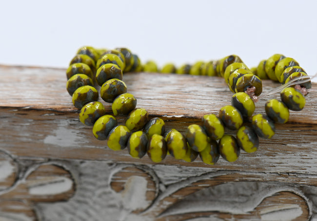 Czech Glass 3x5mm Rondelle Yellow Peridot with Picasso Finish 30pc Main Image