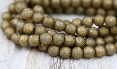 Czech Beads 6mm Round Druk Champagne with a Gold Wash and an Etched Finish, 60pc