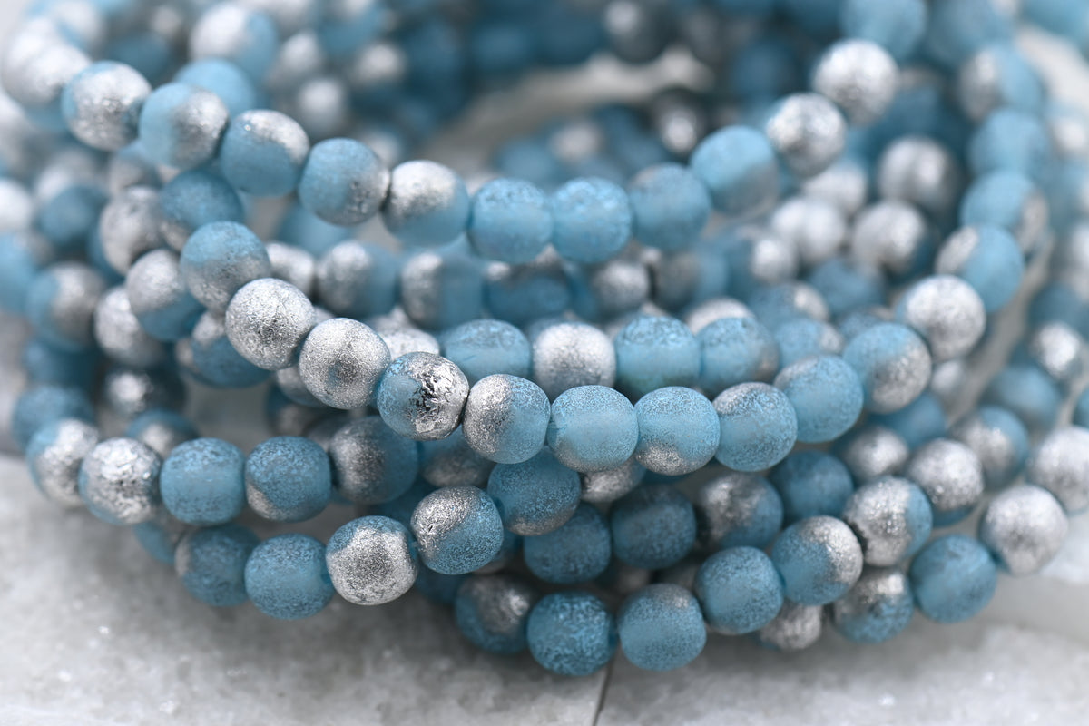 Czech Beads 6mm Round Druk Sky Blue with Etched and Silver Finishes,30pc