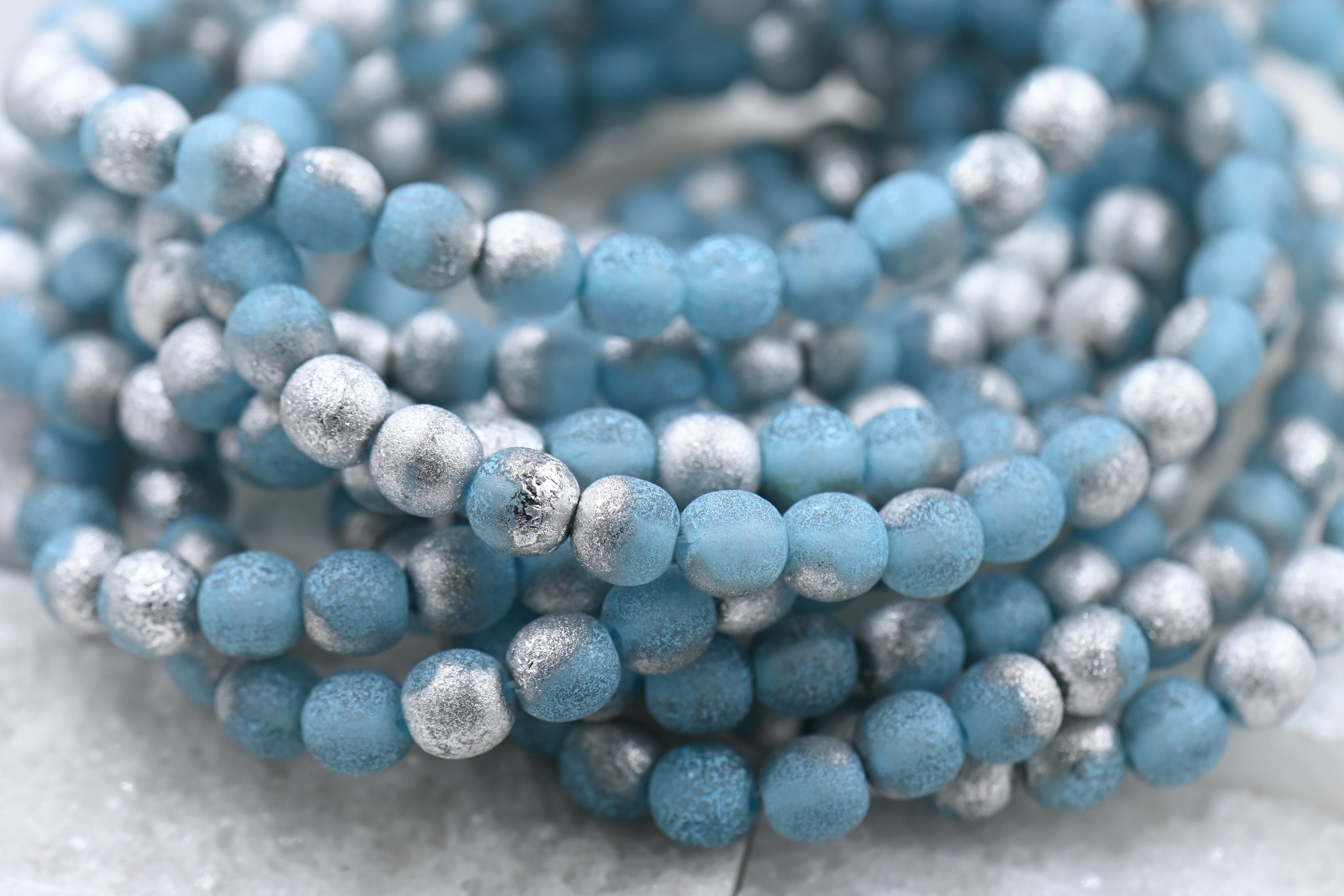 Czech Beads 6mm Round Druk Sky Blue with Etched and Silver Finishes,60pc