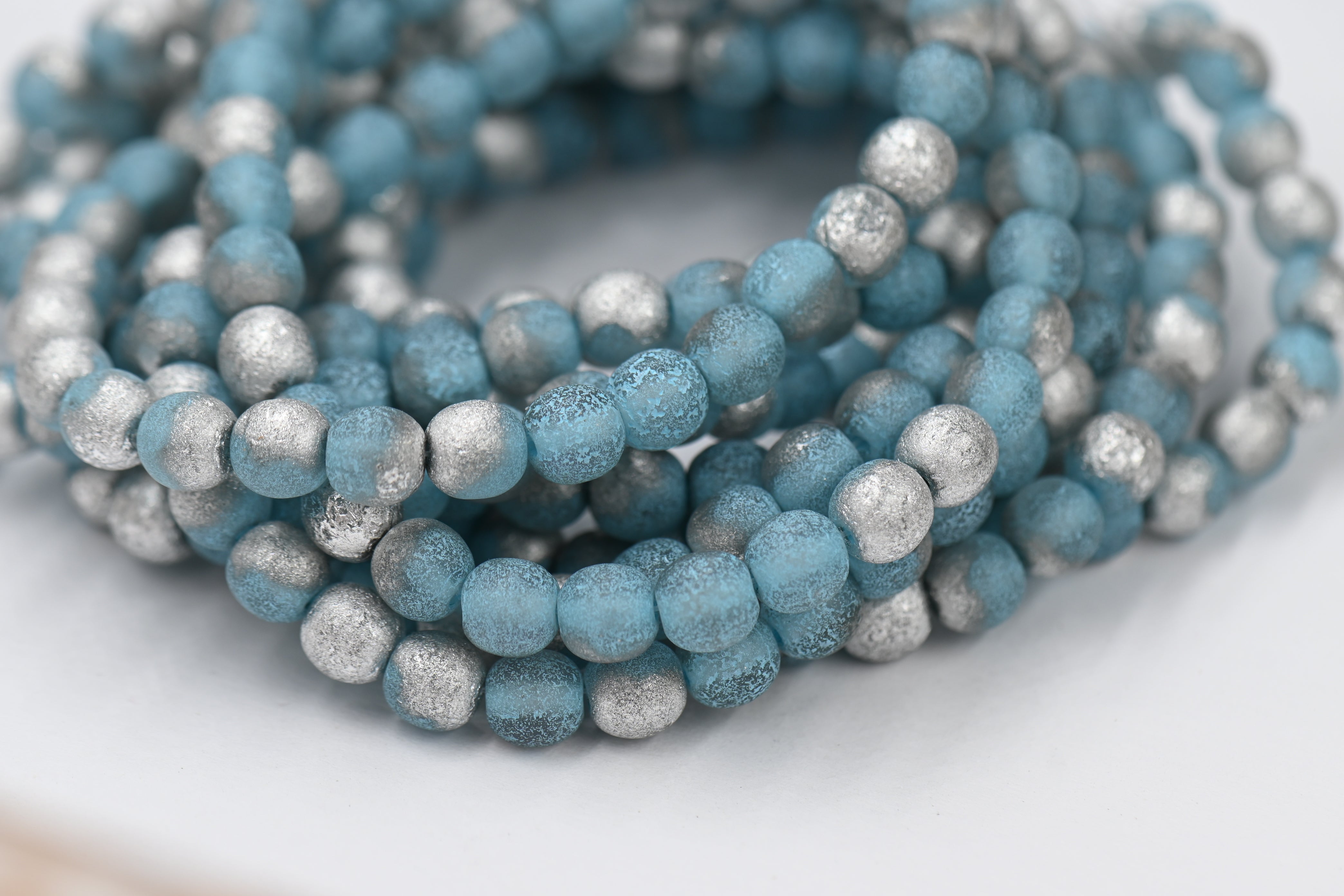 Czech Beads 6mm Round Druk Sky Blue with Etched and Silver Finishes,60pc