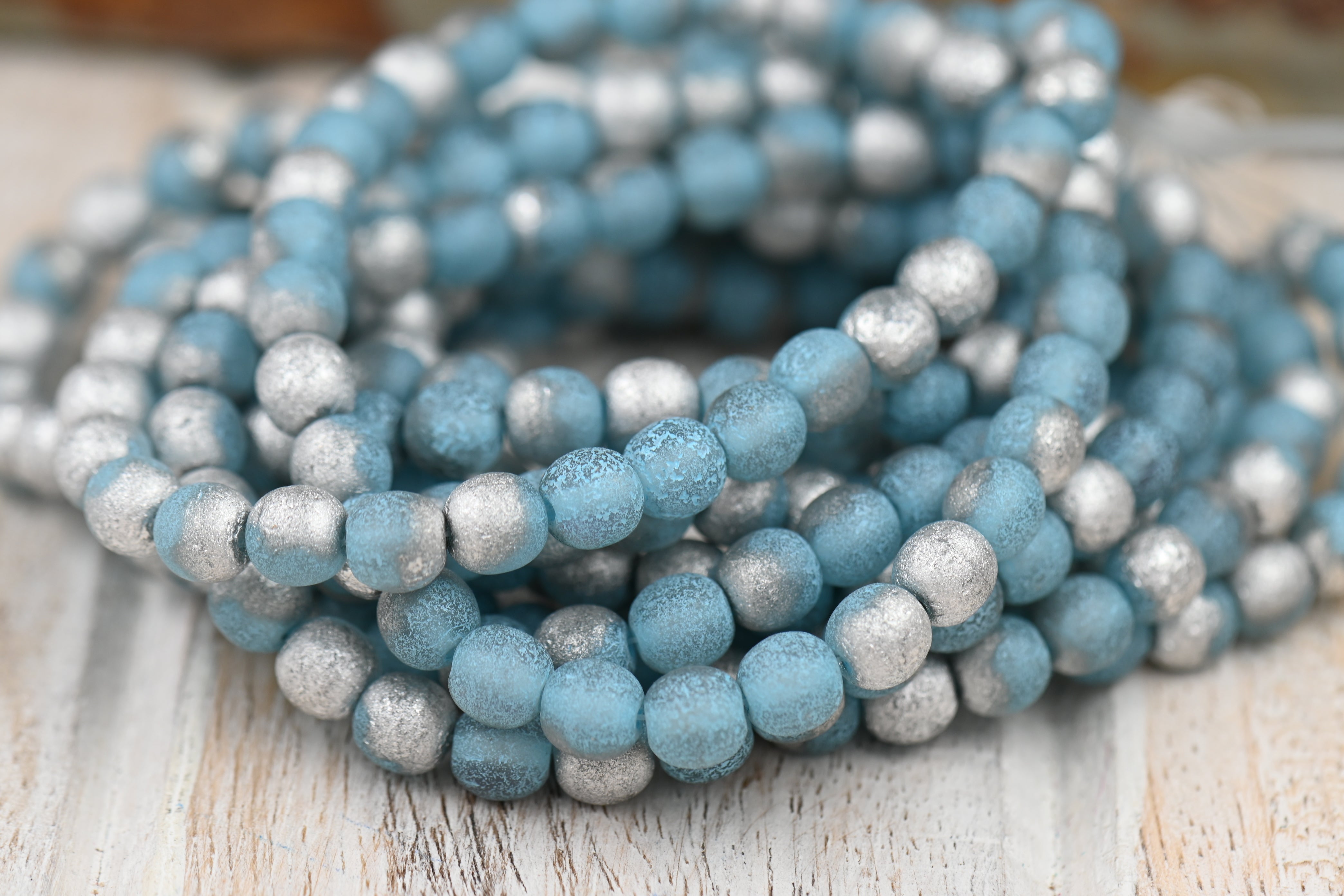 Czech Beads 6mm Round Druk Sky Blue with Etched and Silver Finishes,60pc