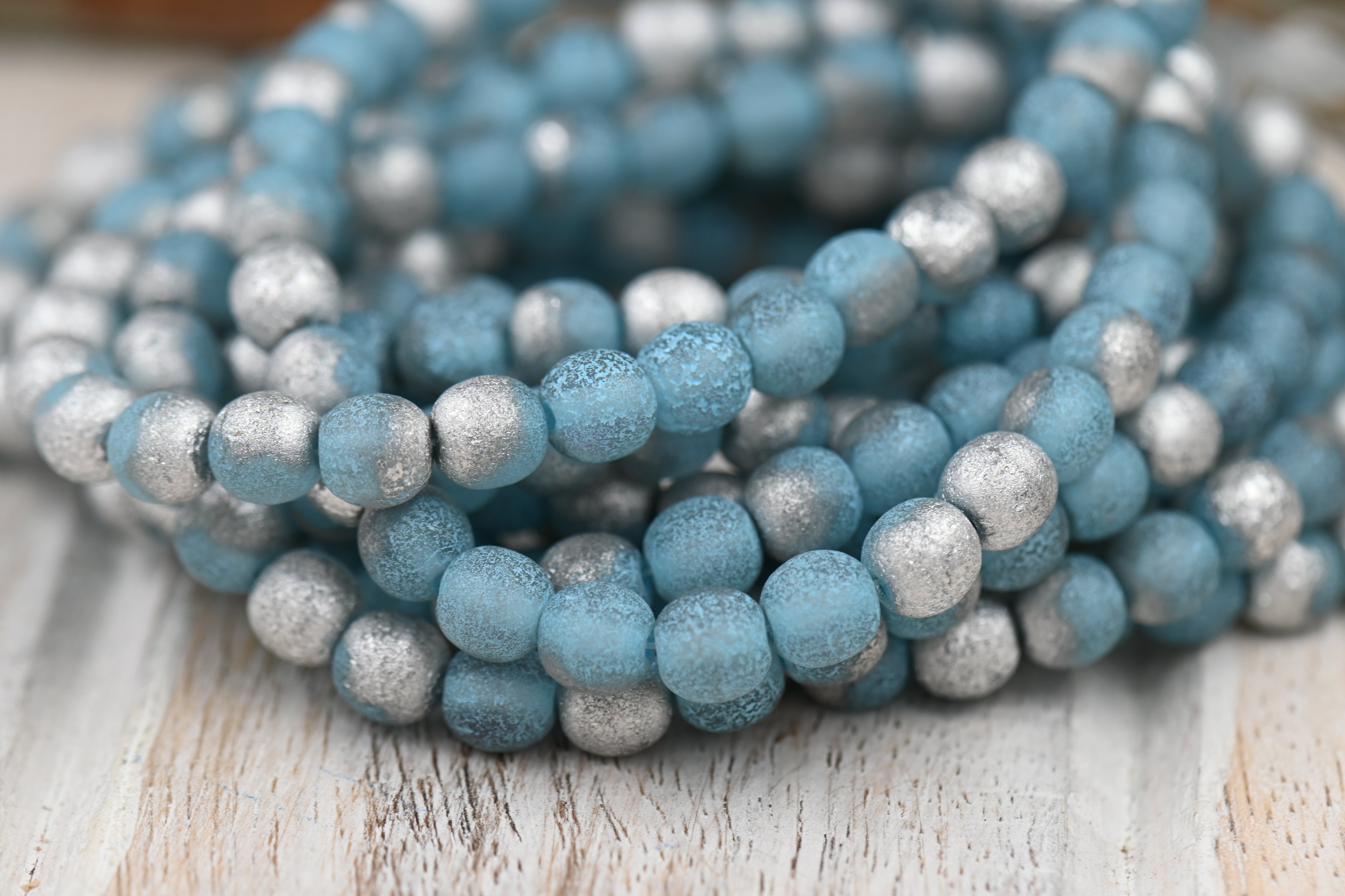 Czech Beads 6mm Round Druk Sky Blue with Etched and Silver Finishes,60pc