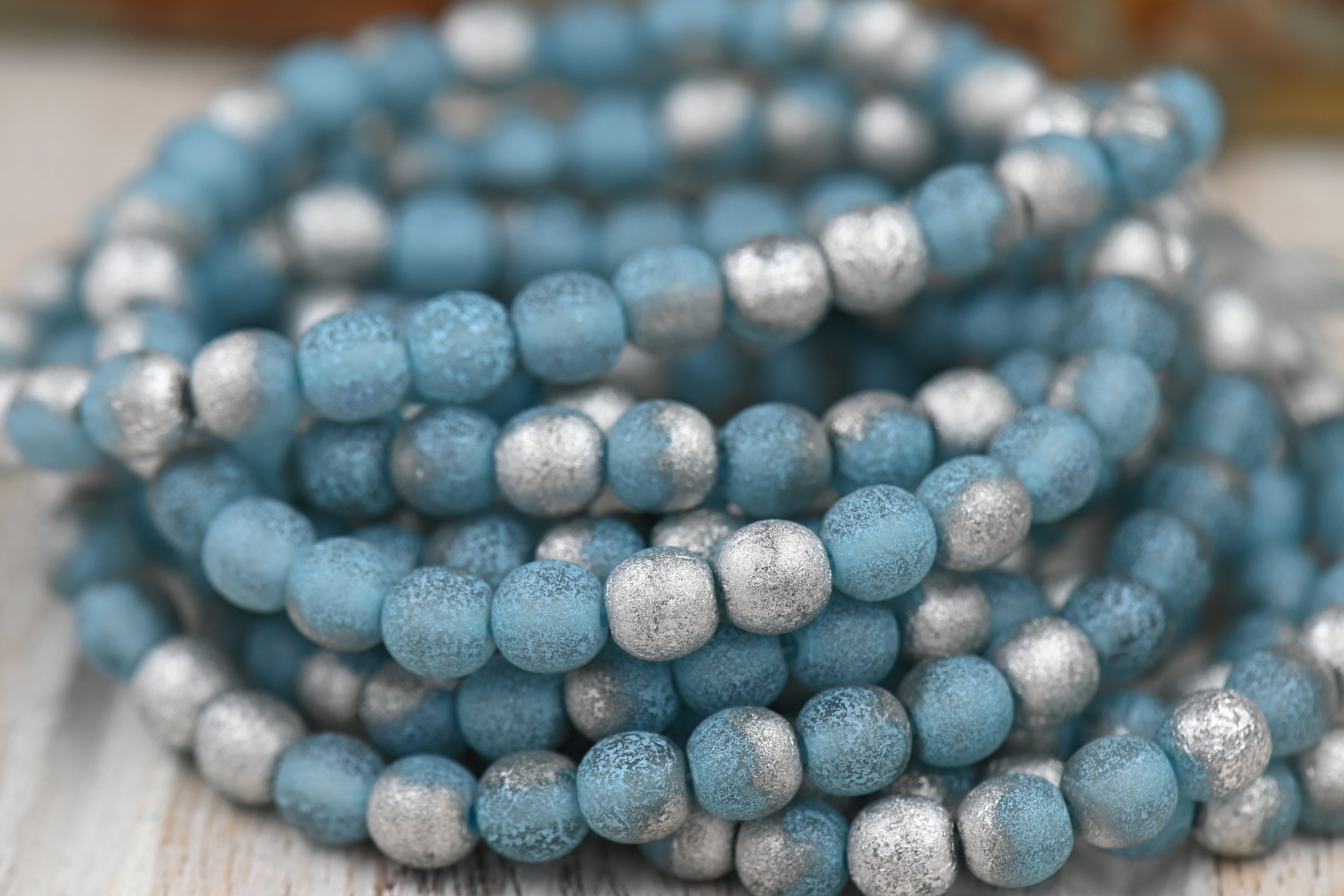 Czech Beads 6mm Round Druk Sky Blue with Etched and Silver Finishes,60pc