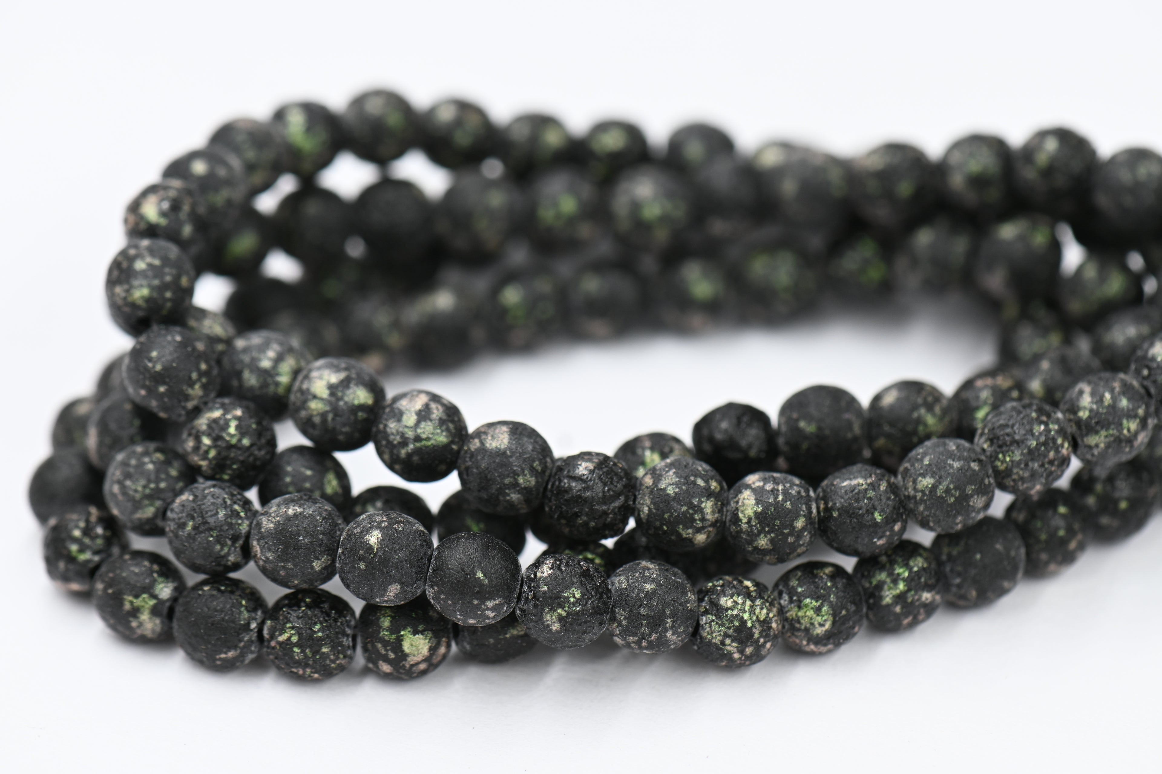 Czech 6mm Round Druk Black and Green Mantis with an Etched Finish, 60pc