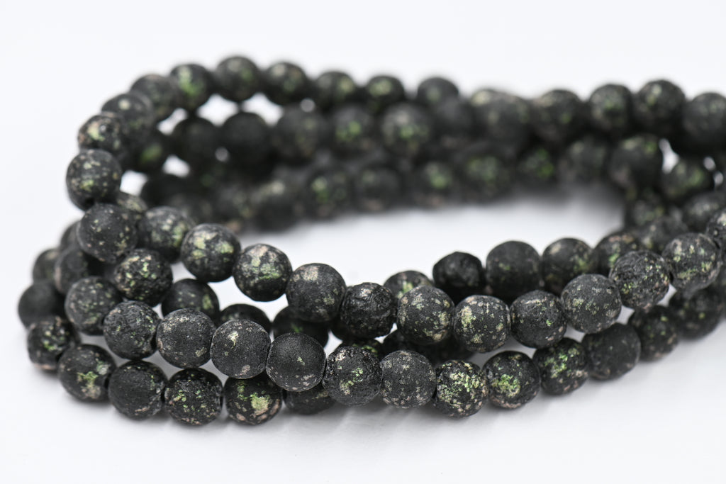 Czech 6mm Round Druk Black and Green Mantis with an Etched Finish, 60pc