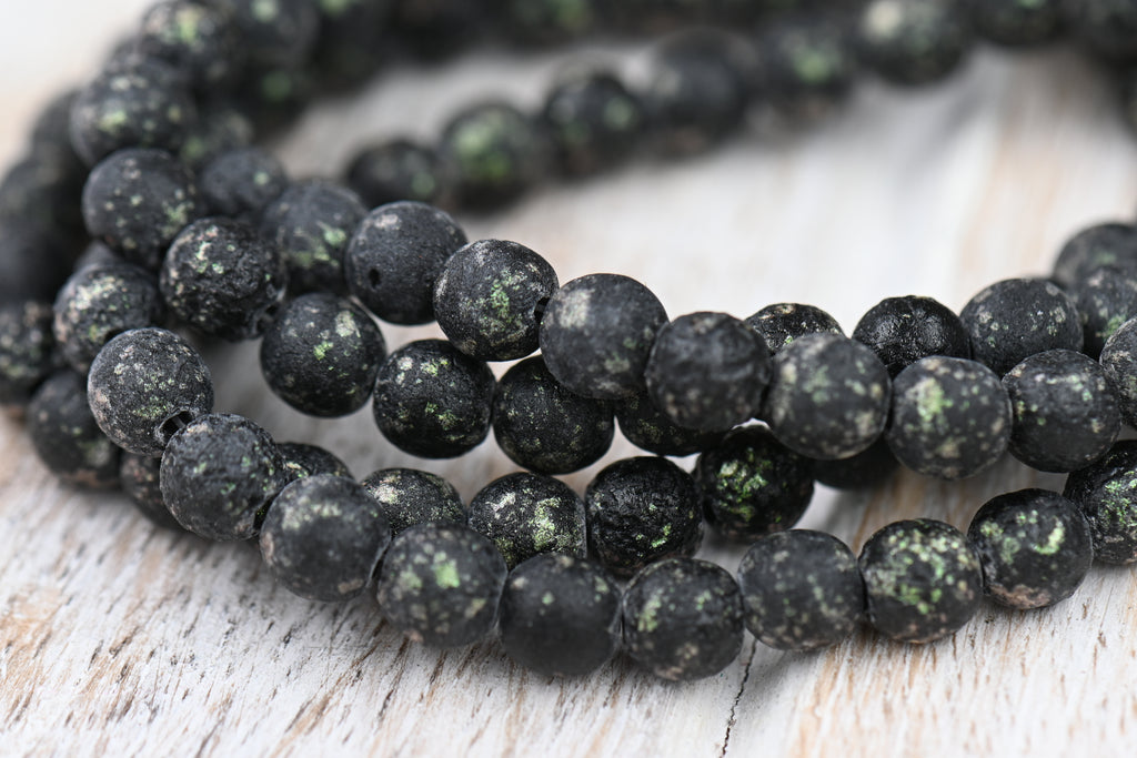 Czech 6mm Round Druk Black and Green Mantis with an Etched Finish, 60pc