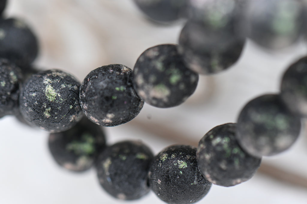 Czech 6mm Round Druk Black and Green Mantis with an Etched Finish, 60pc