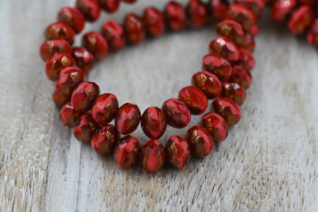 5x7mm Rondelle Ladybug and Coral with Picasso Finish 12pc