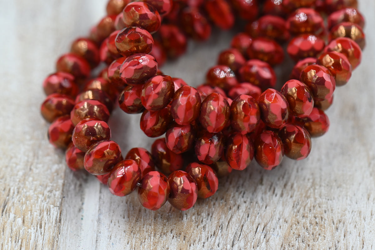 5x7mm Rondelle Ladybug and Coral with Picasso Finish 25pc