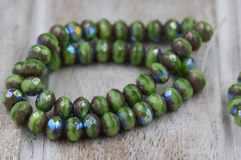 5x7mm Rondelle Pear Green with Metallic Picasso and AB Finishes 25pc