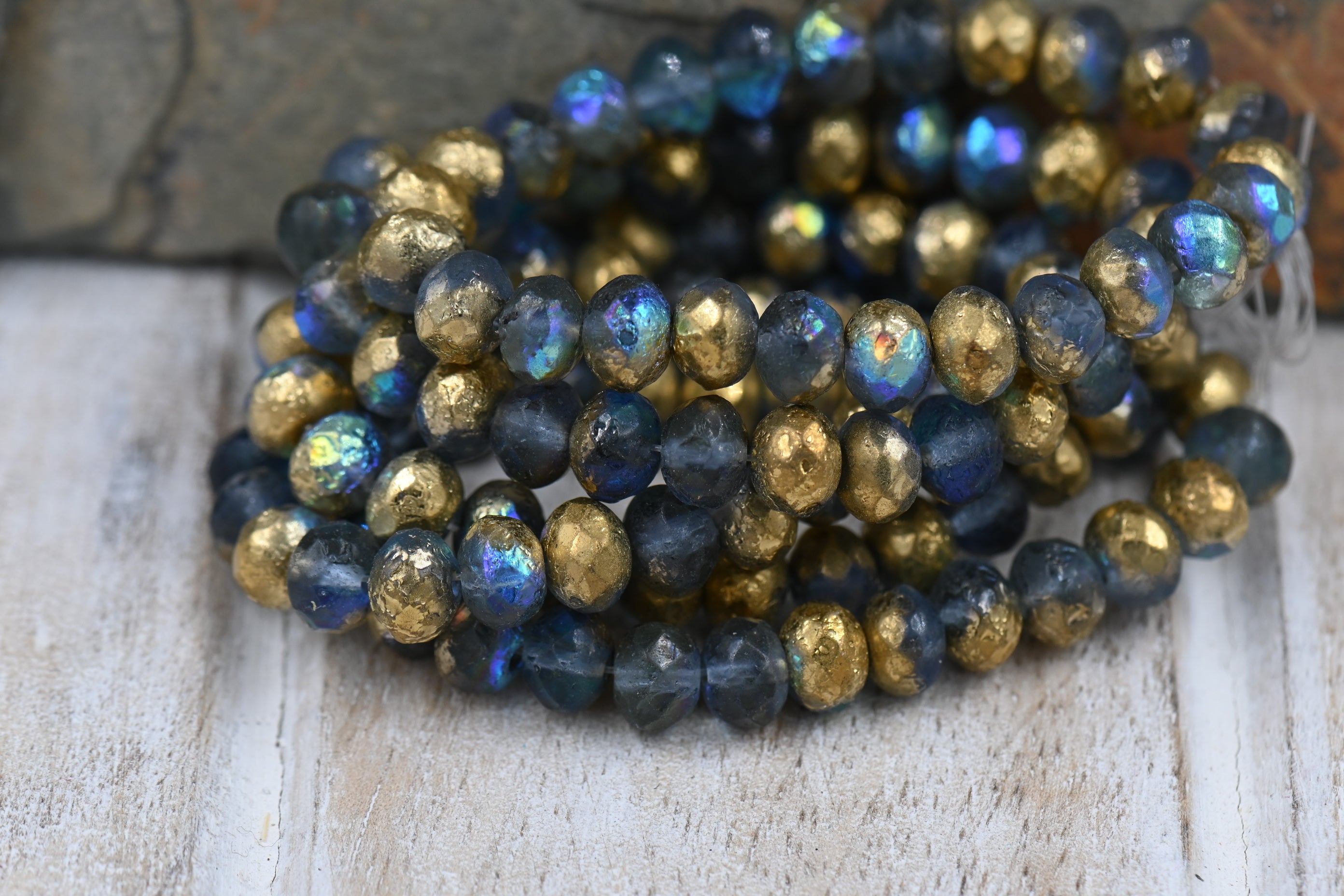 5x7mm Rondelle Cadet Blue with a Matte Finish and Gold Luster 25pc