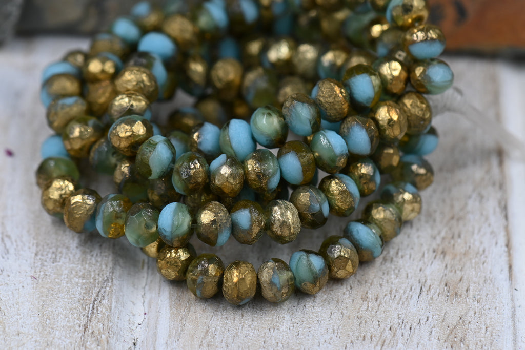 7x5mm Rondelle Sky Blue with a Etched and Matte Gold Finishes 12pc