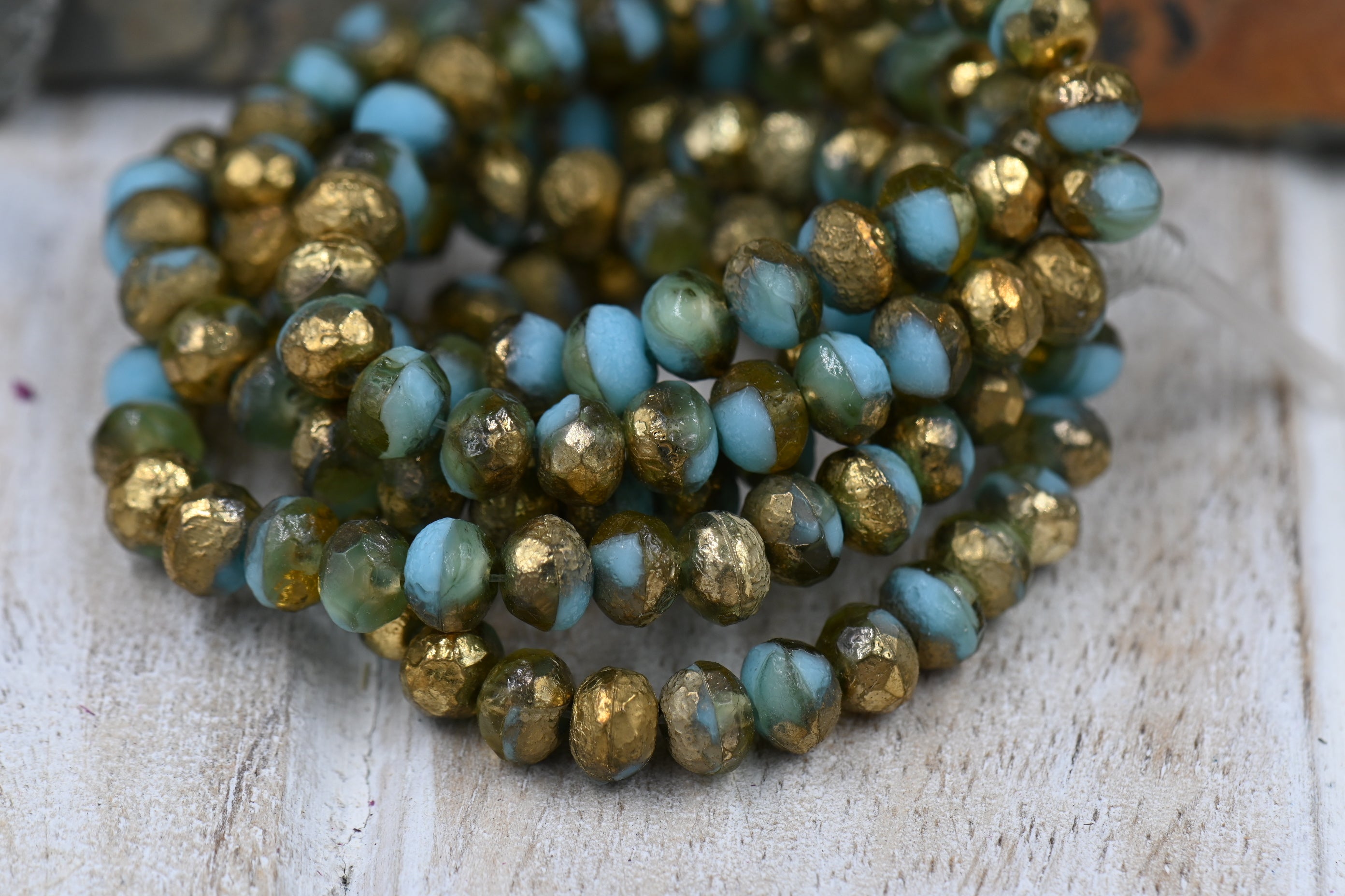 7x5mm Rondelle Sky Blue with a Etched and Matte Gold Finishes 12pc