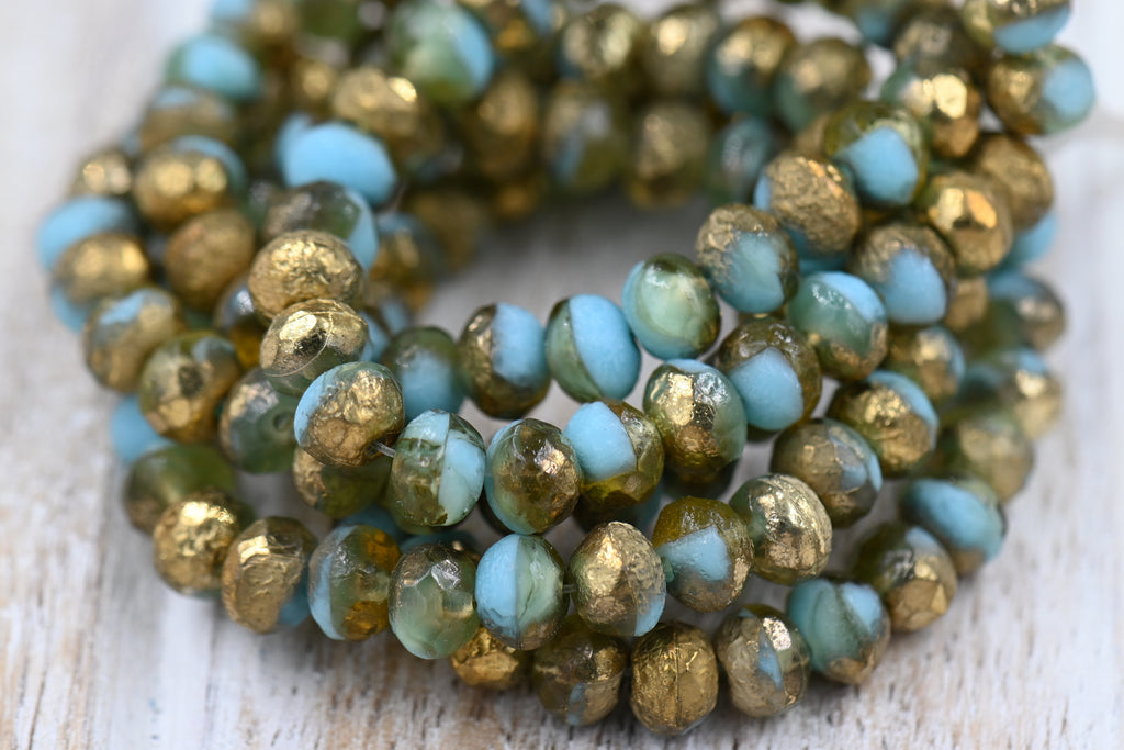 7x5mm Rondelle Sky Blue with a Etched and Matte Gold Finishes 12pc
