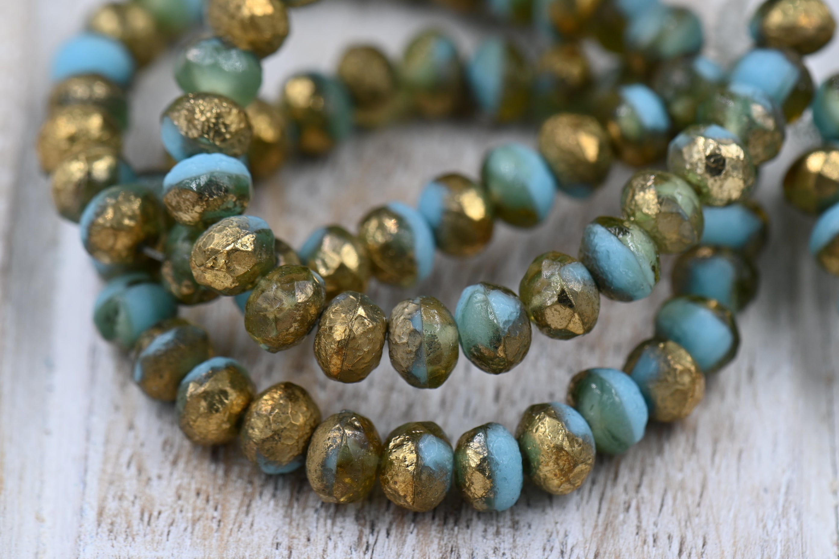 7x5mm Rondelle Sky Blue with a Etched and Matte Gold Finishes 12pc