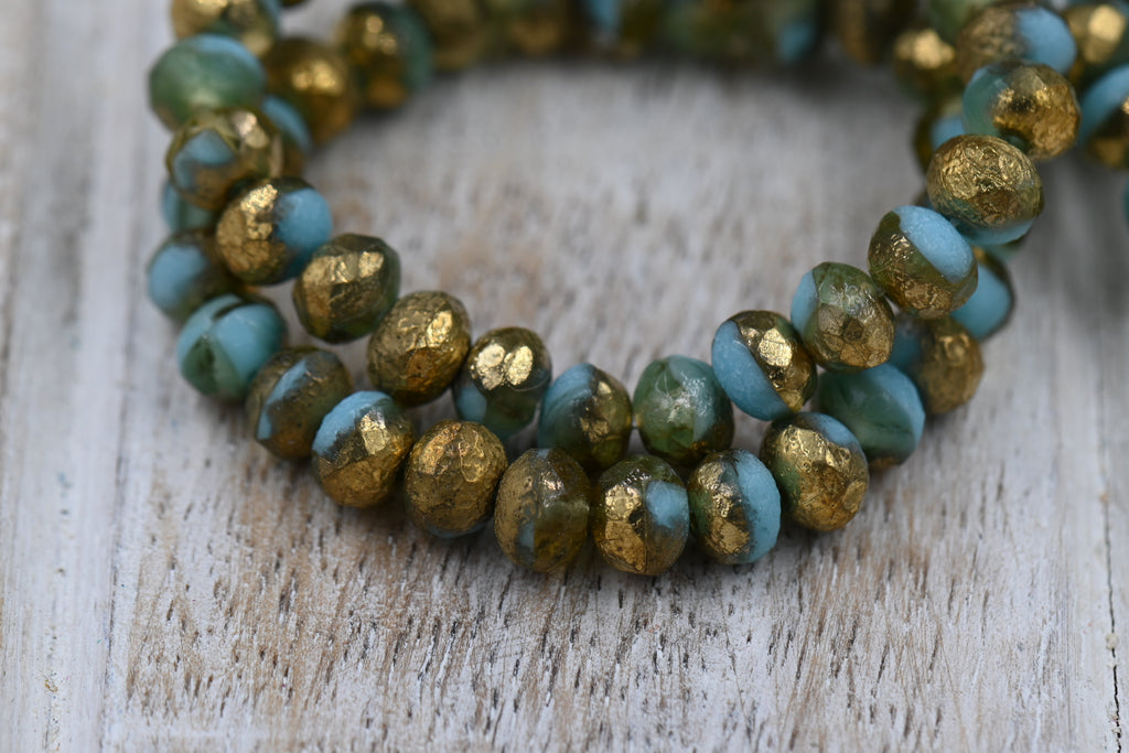 7x5mm Rondelle Sky Blue with a Etched and Matte Gold Finishes 12pc