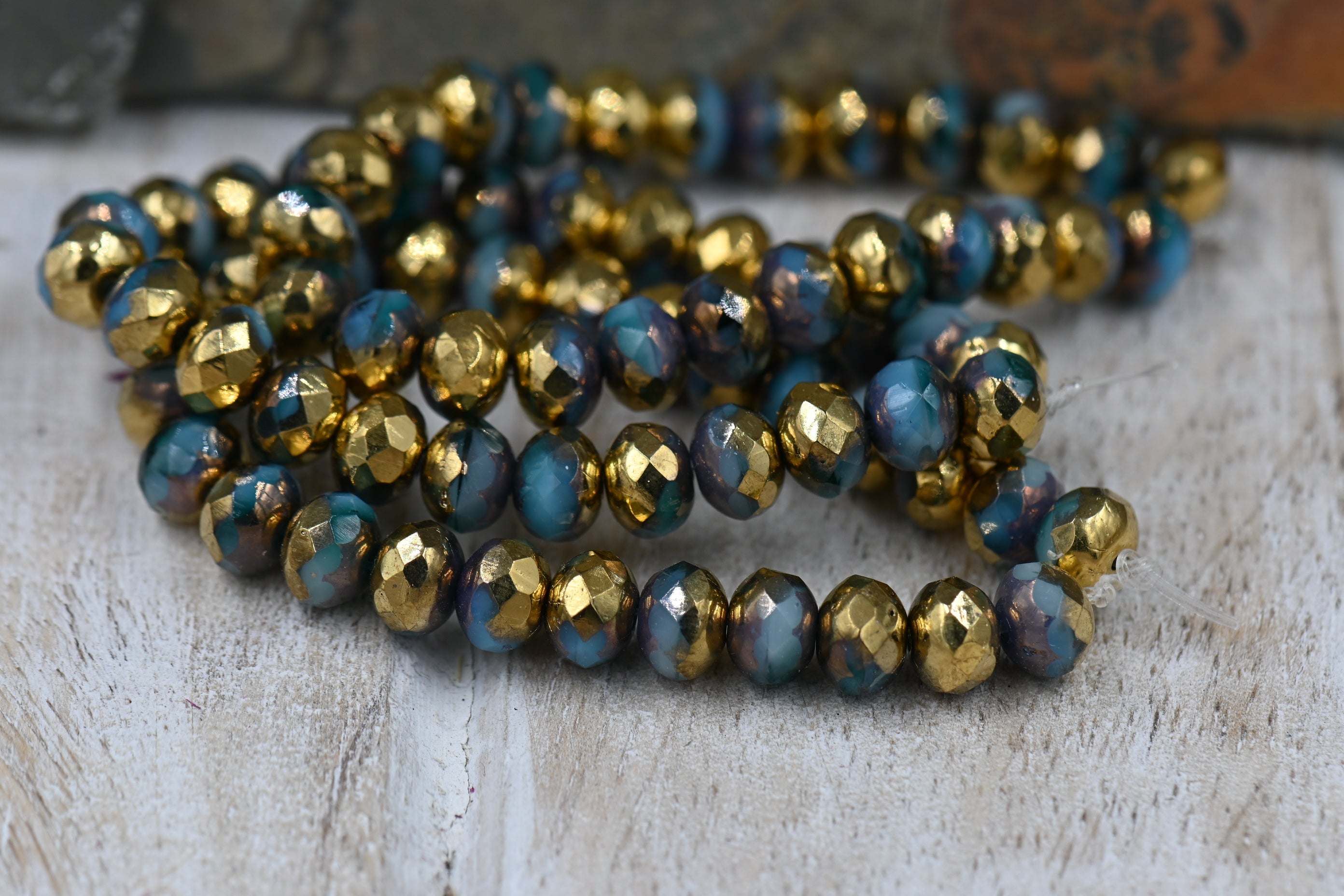 7x5mm Rondelle Sky Blue and Emerald with a Gold and Bronze Finish, 12pc