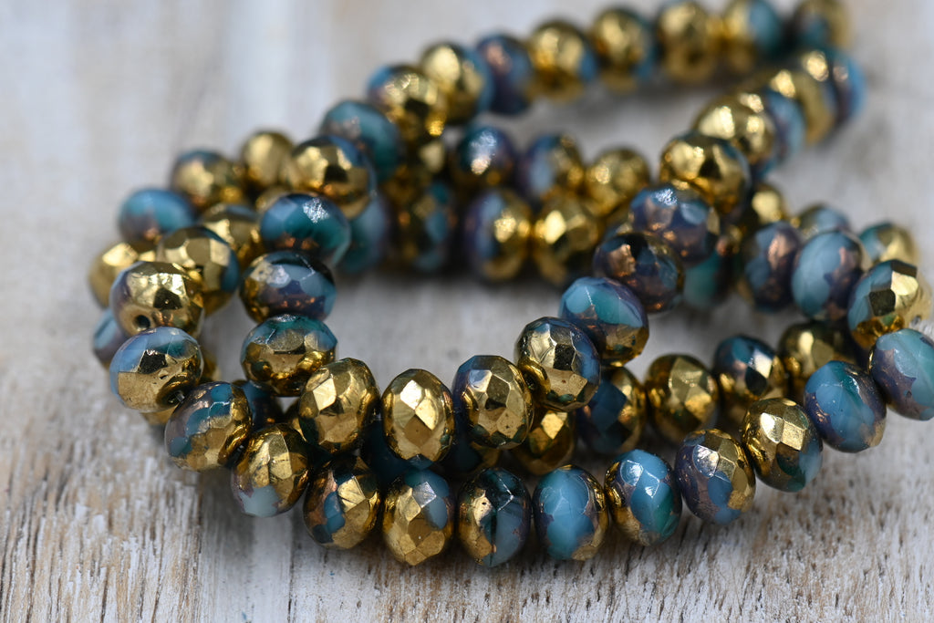 7x5mm Rondelle Sky Blue and Emerald with a Gold and Bronze Finish, 25pc