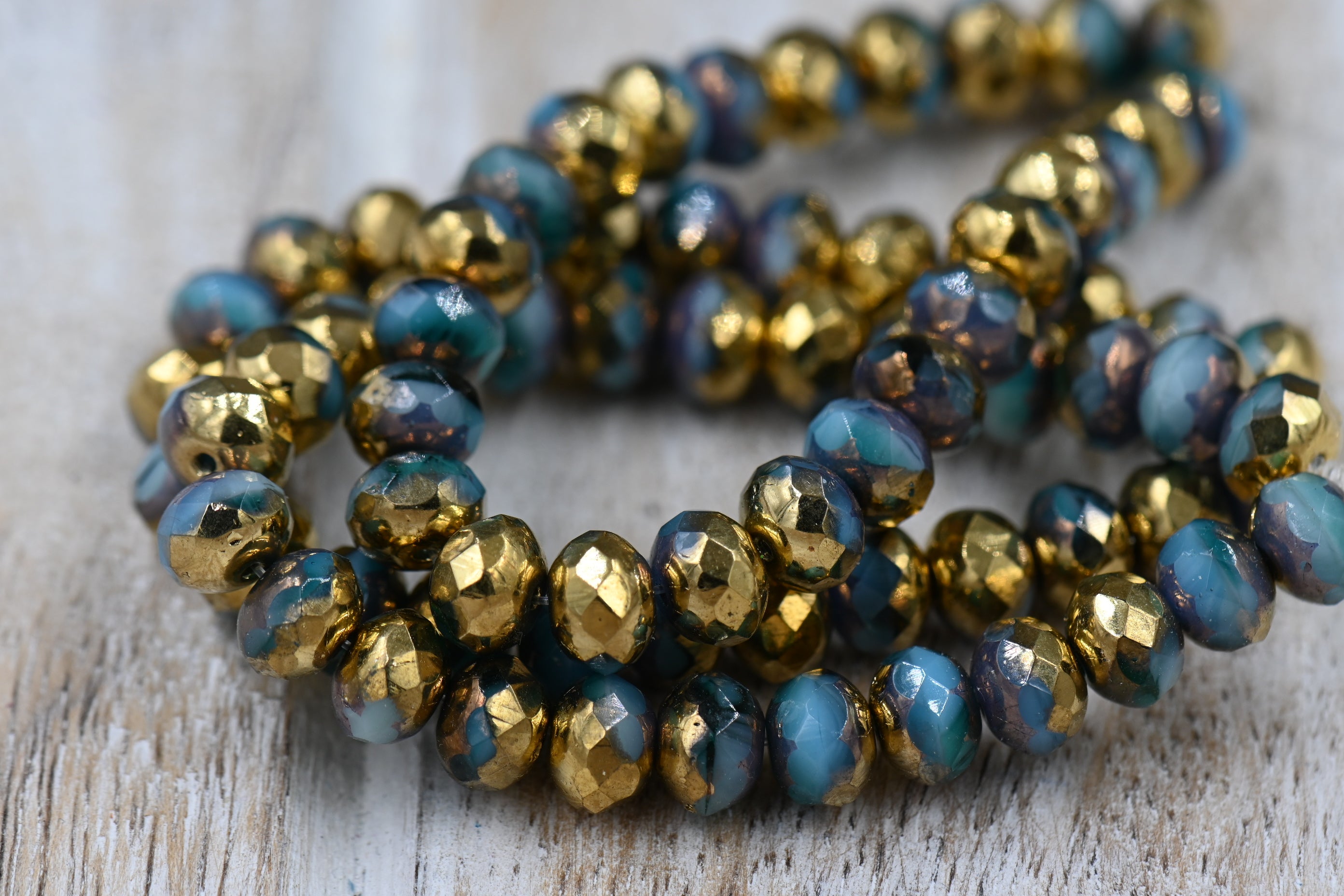 7x5mm Rondelle Sky Blue and Emerald with a Gold and Bronze Finish, 25pc