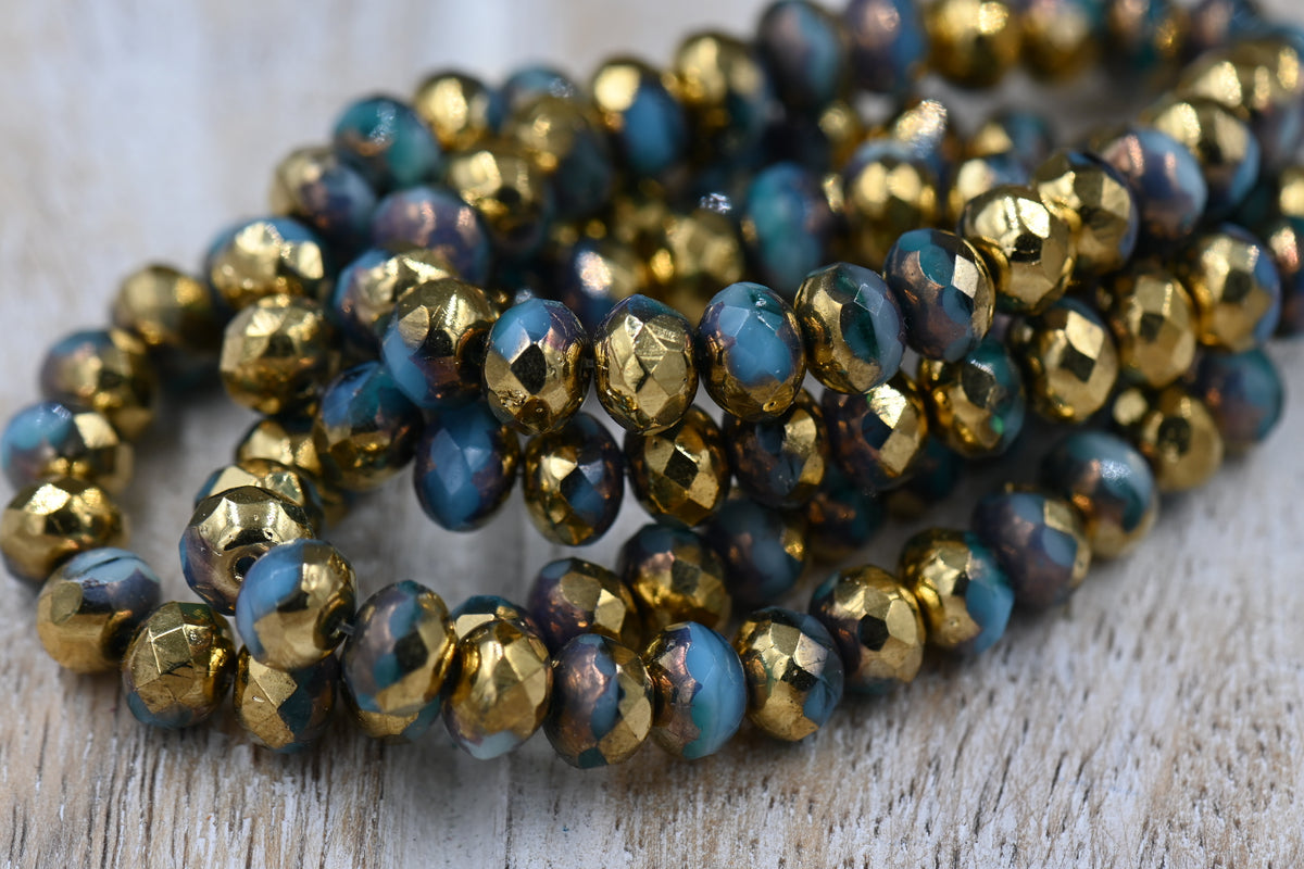 7x5mm Rondelle Sky Blue and Emerald with a Gold and Bronze Finish, 25pc