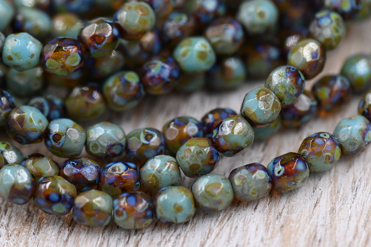 4mm Czech Faceted Round 100pc Firepolished Bead Amber and Tea Green with Picasso Finish