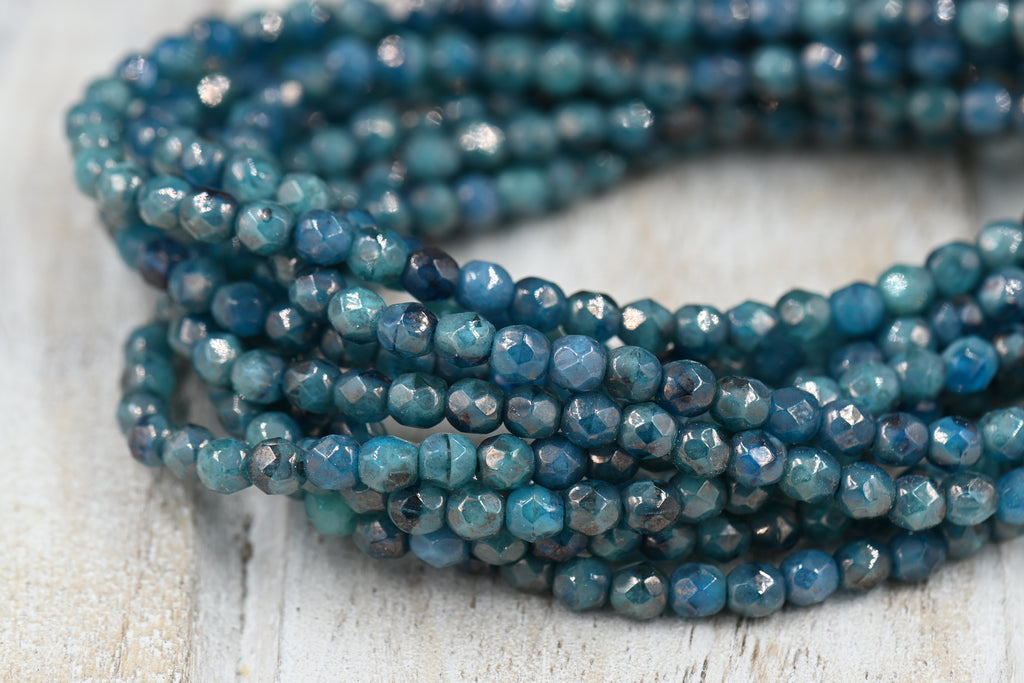 4mm Faceted Round Beads 100pc Czech Glass Pacific Blue with Luster Finish, 100 pc